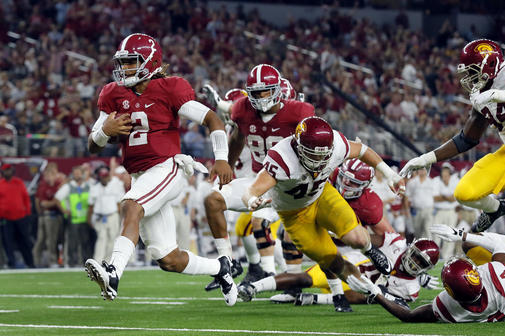 Alabama true freshman QB Jalen Hurts got past a fumble and an interception to score four total touchdowns in the Crimson Tide's obliteration of USC, 52-6. 