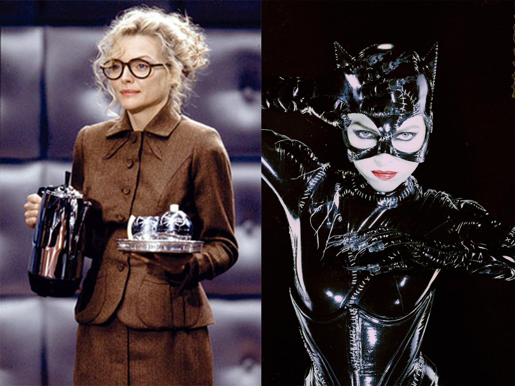 A half an hour of screen time separates these two looks for the same woman. Michelle Pfeiffer's transformation from Selina Kyle into Catwoman is terrifyingly effective. 