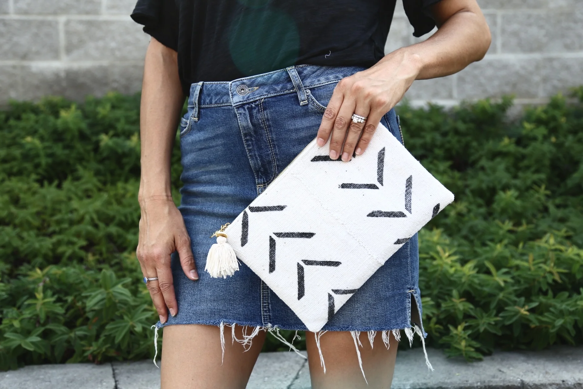 | GAIA CLUTCH | DENIM SKIRT | CUT OUT TEE | IMAGE SYDNEY CLAWSON | 