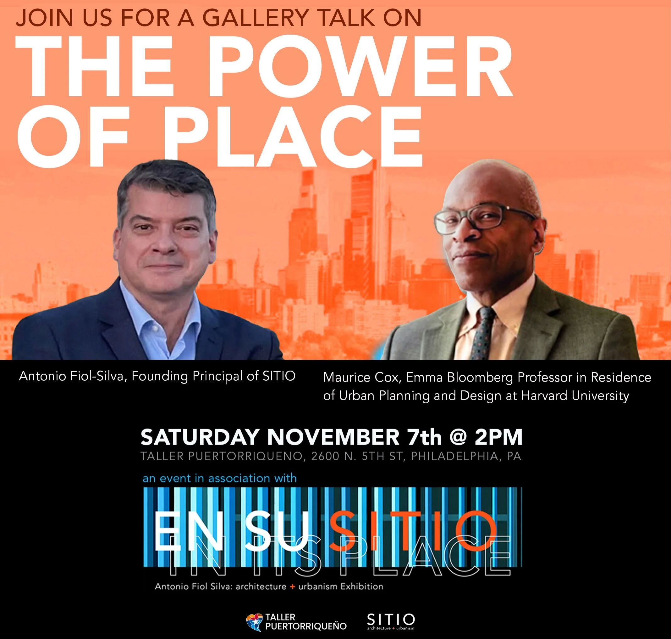 Join us for a Gallery Talk on Saturday, November 7th at 2pm featuring a dynamic discussion on &lsquo;The Power of Place&rsquo; with Maurice Cox, Emma Bloomberg Professor in Residence of Urban Planning and Design at Harvard University, with Antonio Fi