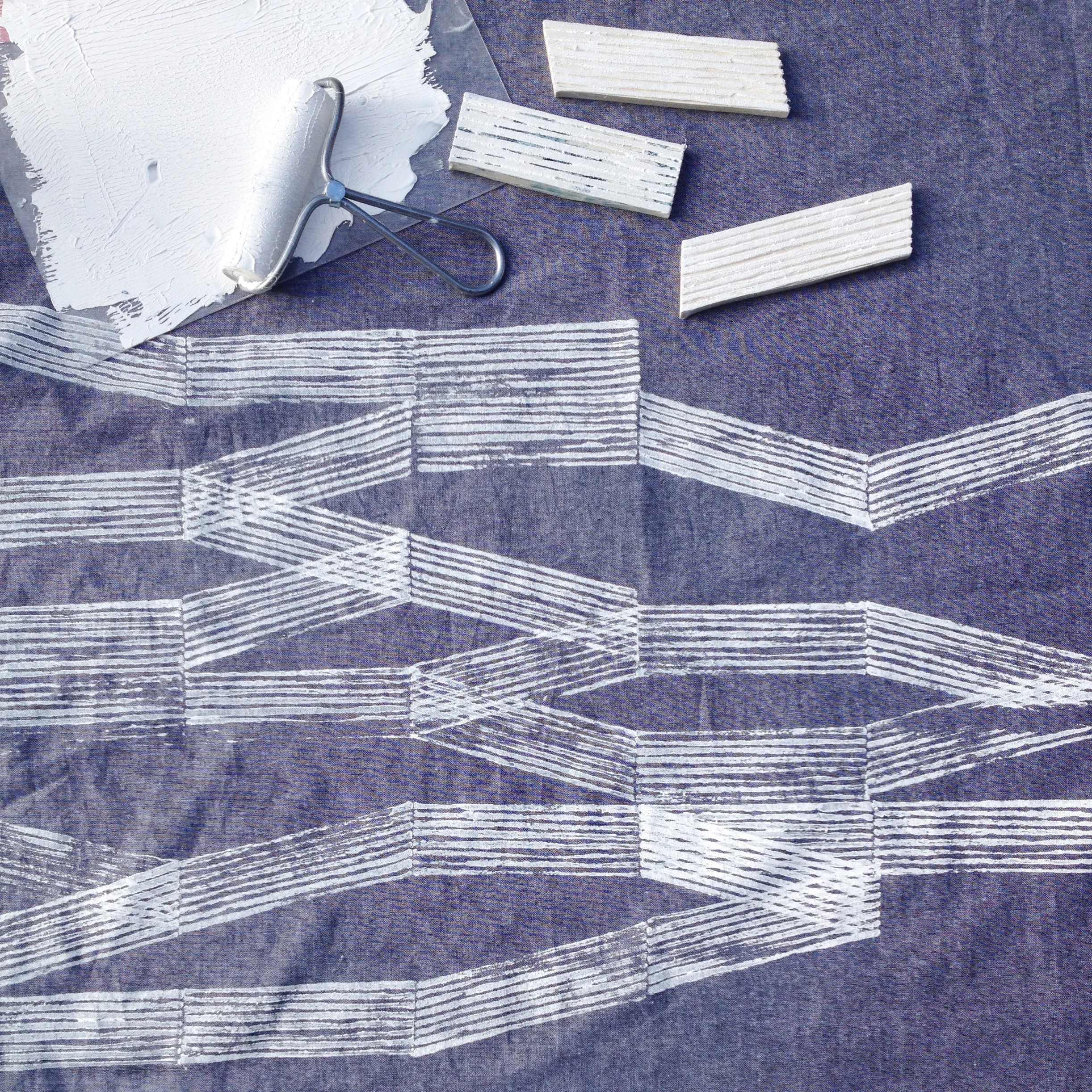 circuit block print on linen 24" x48" 2014