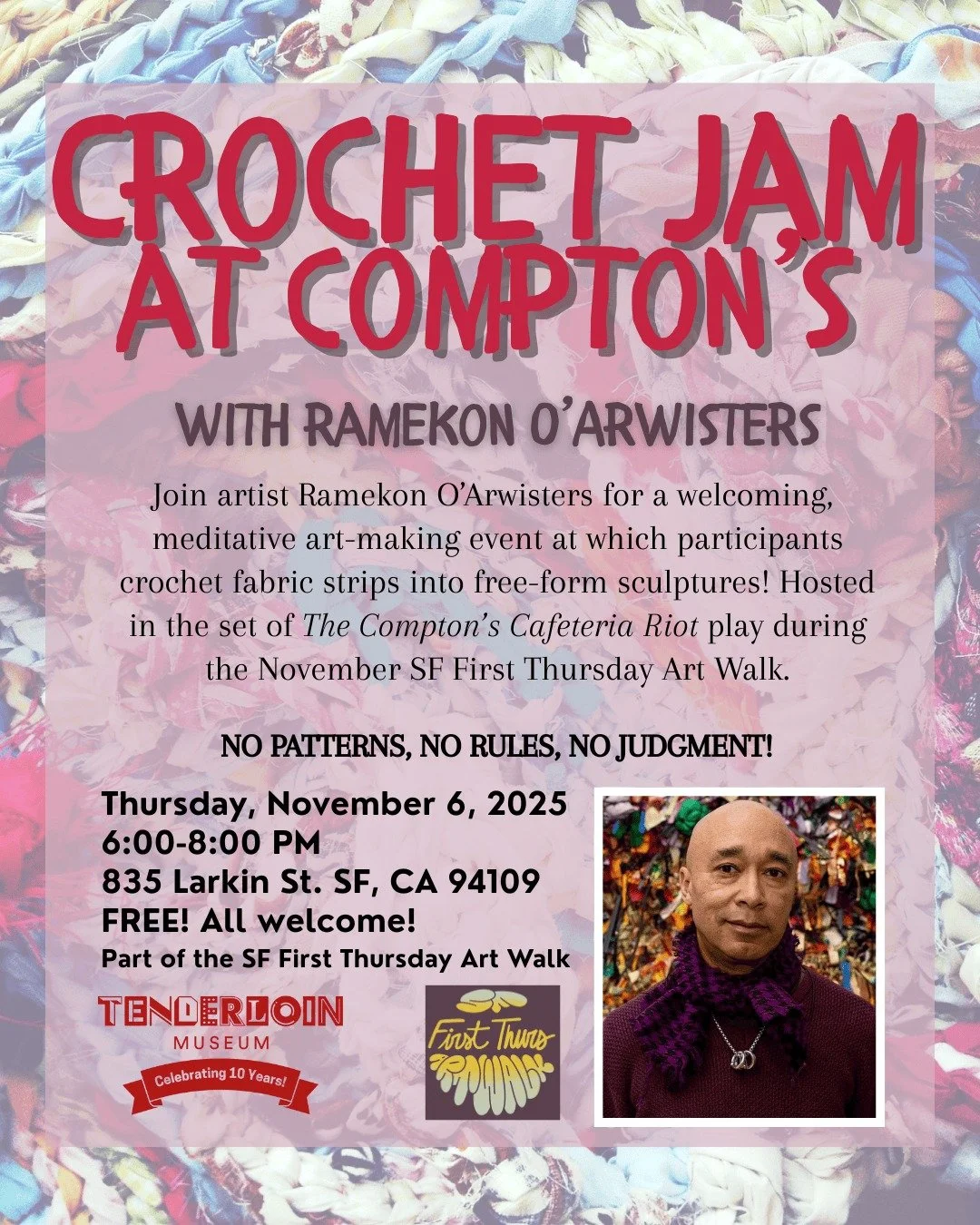 π£ JUST ANNOUNCED! @crochetjam with @ramekon O’Arwisters
π Thursday, November 6 | 6:00–8:00 PM
π 835 Larkin St. (The Compton’s Cafeteria Riot venue)
π« FREE | No registration required | All welcome
βΉ LINK in BIO
Join sculptor, m