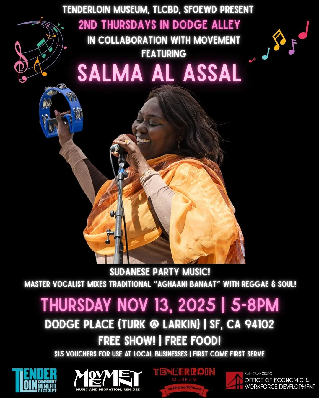 πΆ 2nd Thursdays at Dodge Alley: Salma Al Assal πΆ
Get ready, Tenderloin! In two weeks, the streets come alive with the sweet, soulful sounds of Salma Al Assal, Sudanese vocalist and master of aghaani banaat—party music for weddings and celebr