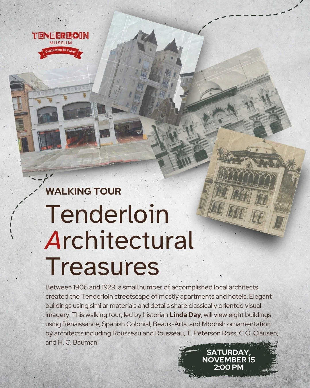 ποΈ Just Announced: Tenderloin Architectural Treasures Walking Tour! ποΈ
Join historian Linda Day for a guided stroll through the Tenderloin’s early 20th-century architectural gems, from Beaux-Arts to Moorish Revival, created by celebrated loc