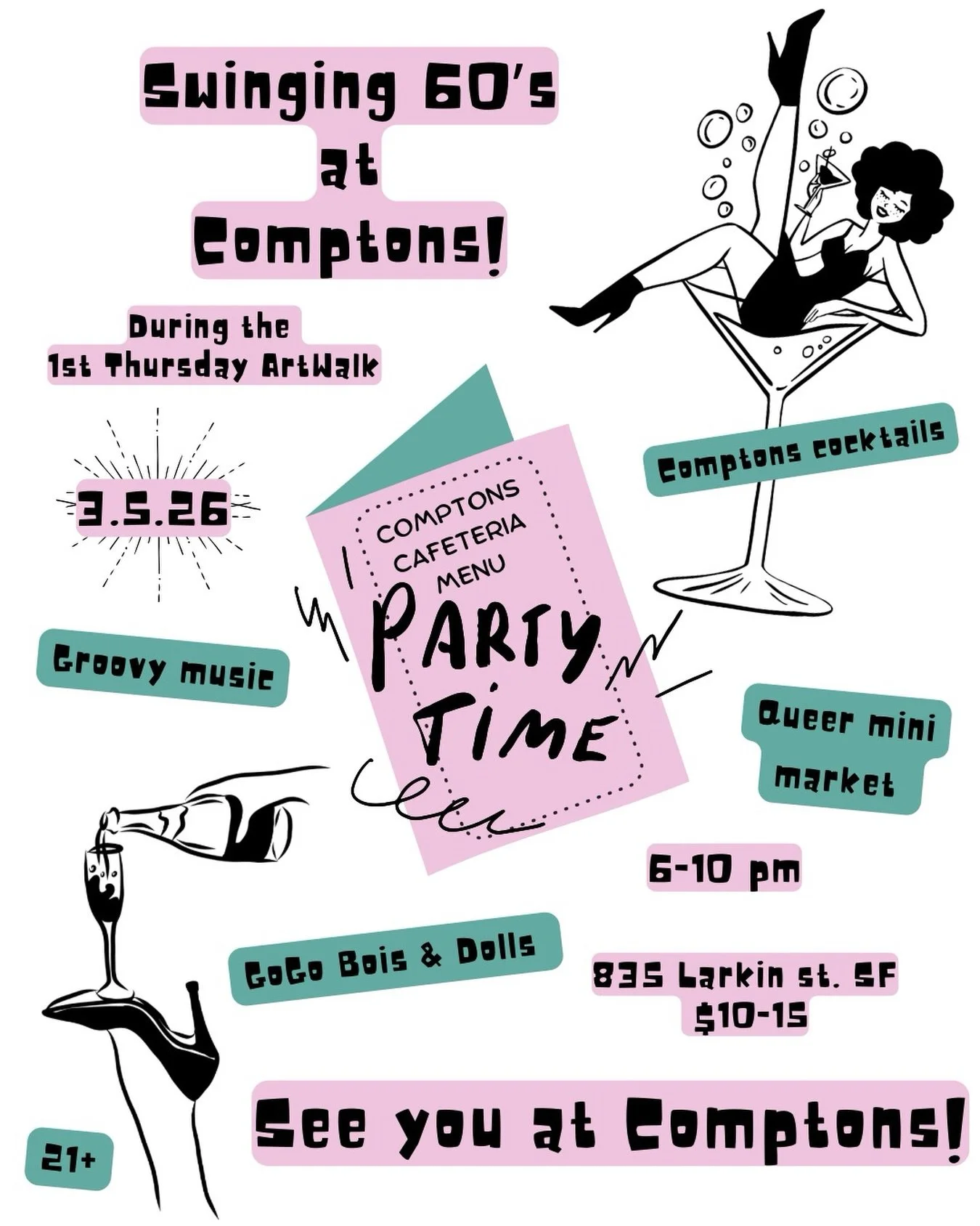 Come party like it&rsquo;s 1966 in THE Grooviest diner for March&rsquo;s 1st Thursday ArtWalk presented by @sffirstthursday!! 
We&rsquo;re located next to @rosebudgallerysf &mdash; who are celebrating 2 Amazing Years!!
Expect drinks, swinging 60s mus