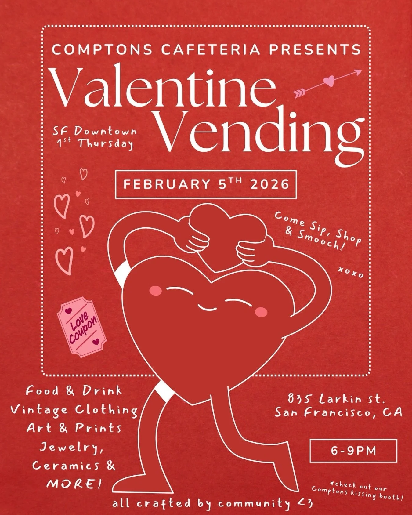 Compton&rsquo;s and the @tenderloinmuseum Present: 
Valentine Vending! * Sip, Shop &amp; Smooch 💋 
Join us Again for the February @dftsanfrancisco on the @sffirstthursday Art Walk from 6-9pm!!

Expect more local artists, artisans, and creators at ou