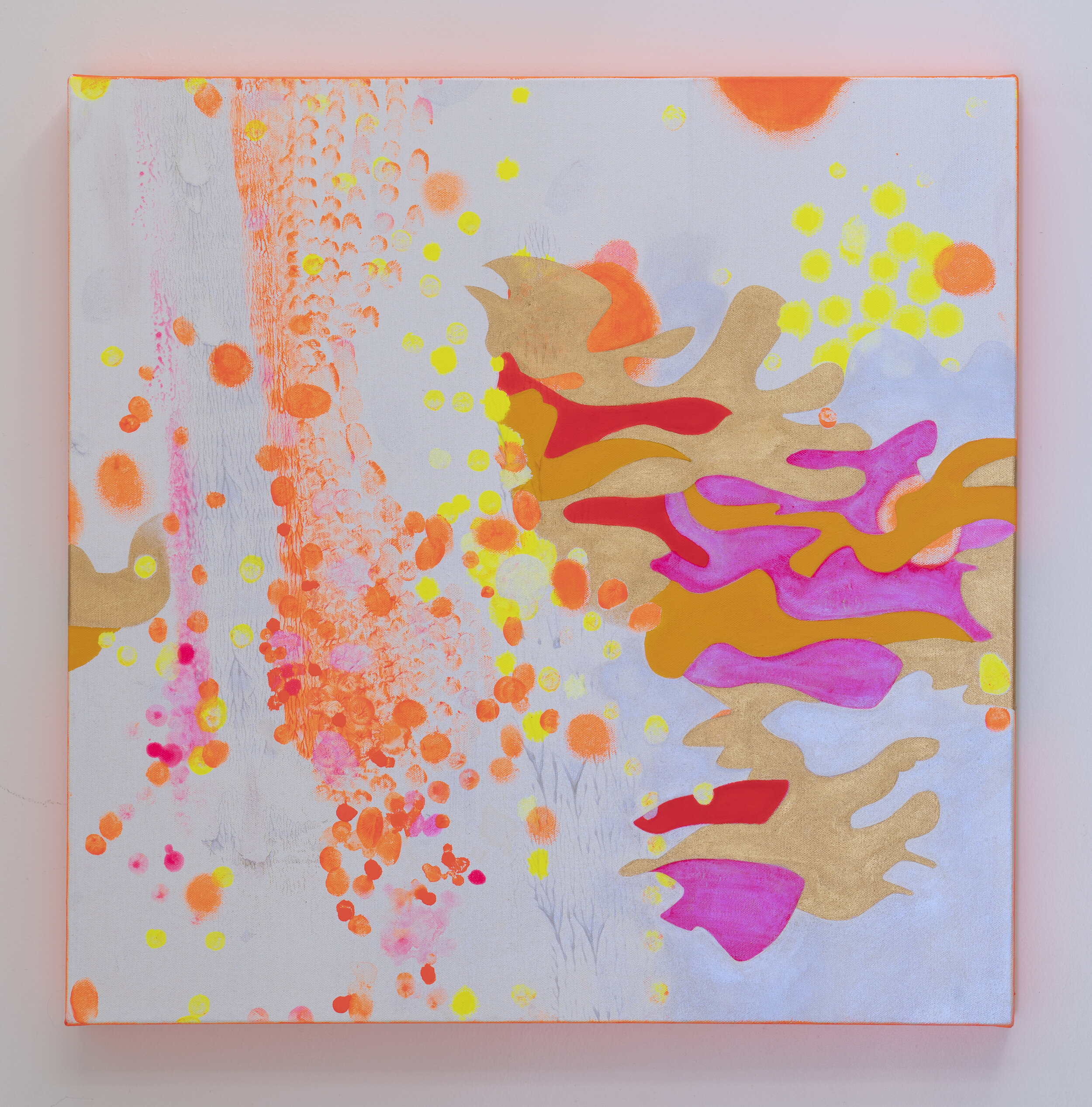   Falling Dots , Fluorescent and Interference Acrylic and Flashe Paint on Canvas, 24” x 24”, 2020 