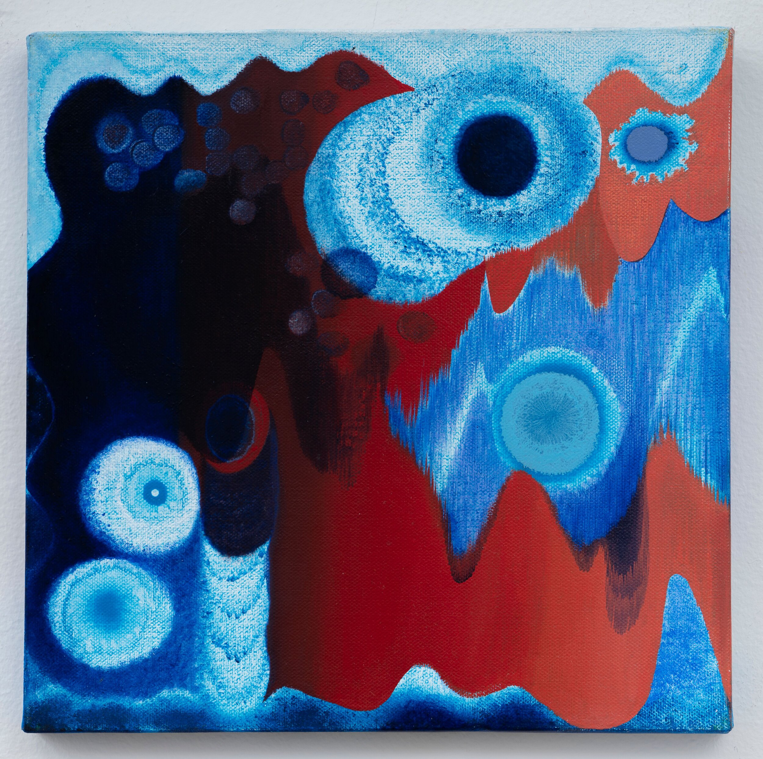   Blue Dizzy Dots , Acrylic and Oil on Canvas, 12” x 12”, 2021 