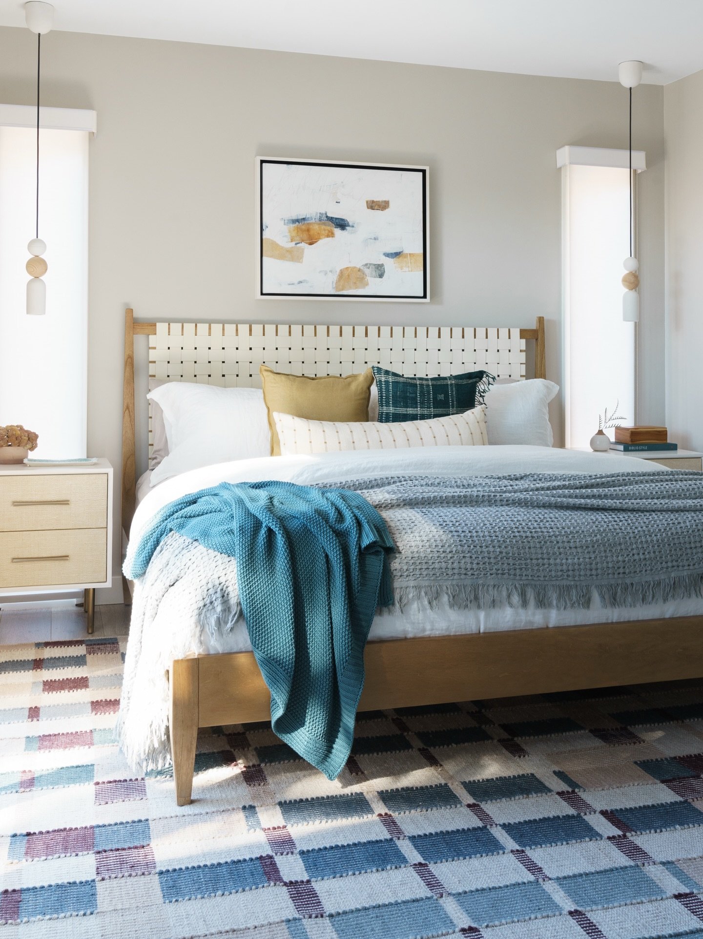 Your bedroom should feel like a retreat that feels like you. Here we started with soft neutrals to create the solid foundation, while intentional hits of turquoise, maroon, and gold bring dimension, warmth, and a sense of calm that lasts beyond the s