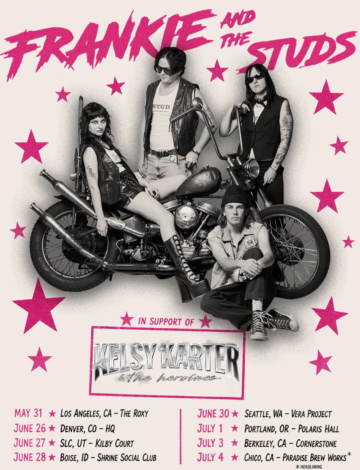 Tonight we ride with @kelsykarter @andtheheroines to kick off the Pleasure Tour at @theroxy ⭐️ get your tix www.frankieandthestuds.com and we&rsquo;ll see you on the road soon! 

📸 @brianbowensmith