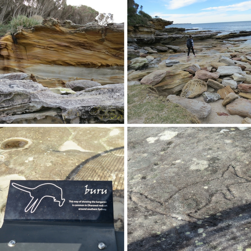 Rocks, Amy walking on rock formations and Dharawal Aboriginal engravings
