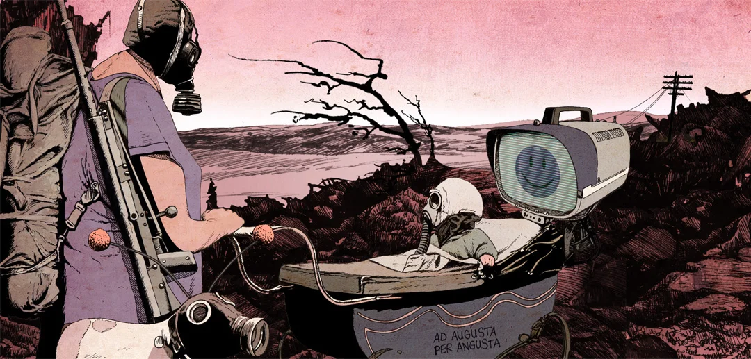 Niklas-Hughes-Illustration-Post apocalyptic family-Strich-Zeichnung-coloriert.jpg