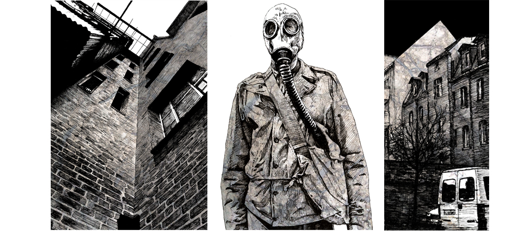 Niklas-Hughes-Illustration-postapokalypse-Architektur-und-Menschen-Hinterhof-Gasmaske.jpg