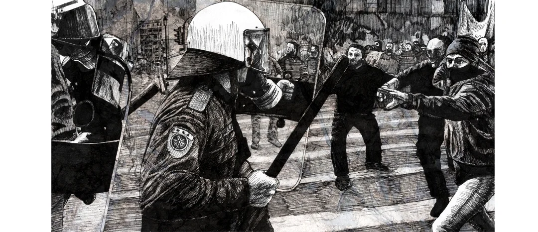 Niklas-Hughes-Illustration-Riot-Demonstration-Strassensperre-Barrikaden-Polizei-Ausschreitung-Molotov-Coctail.jpg