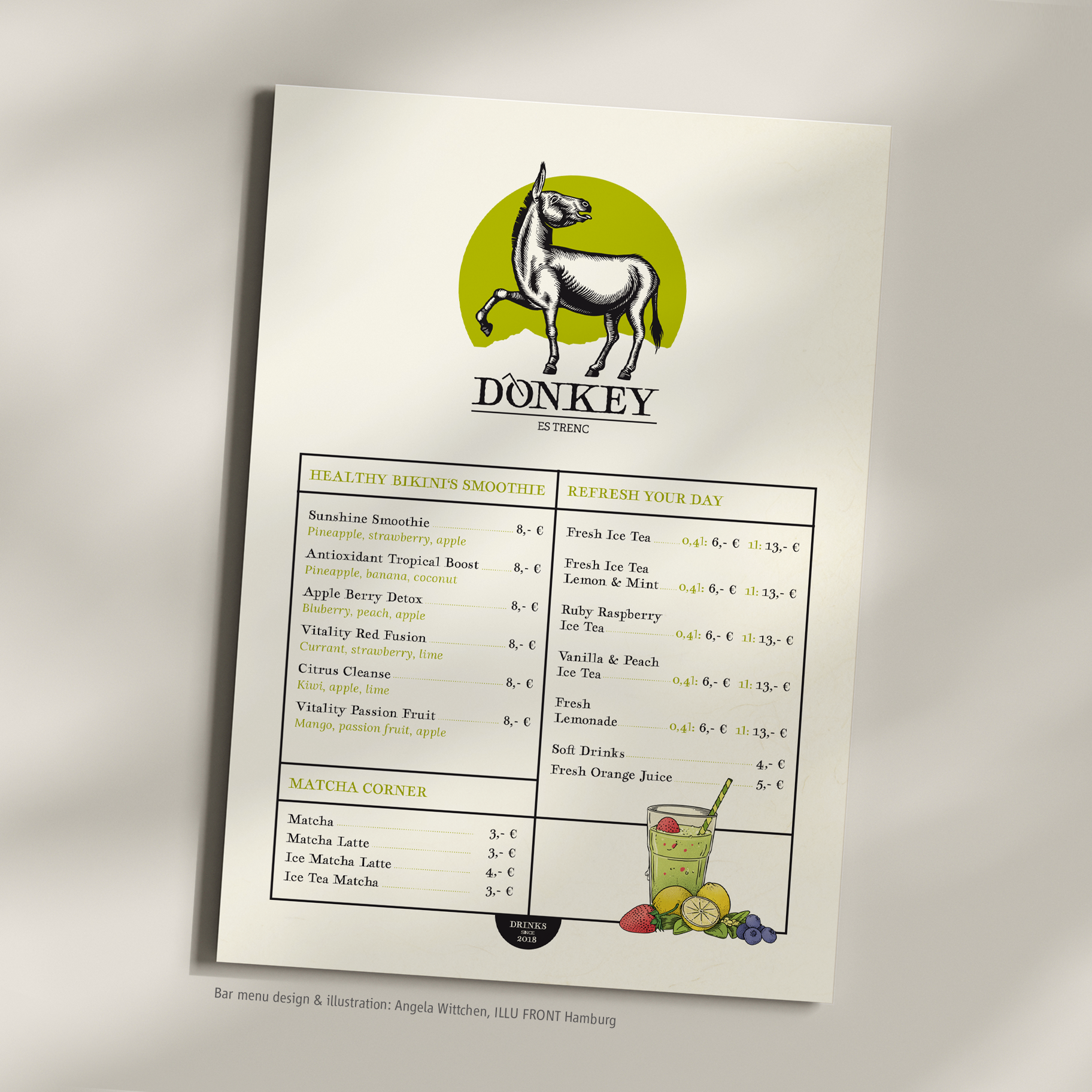 Bar menu and logo design for Donkey Bar, Bikini Island & Mountain Hotels, Port de Sollér and Es Trenc, Mallorca.
