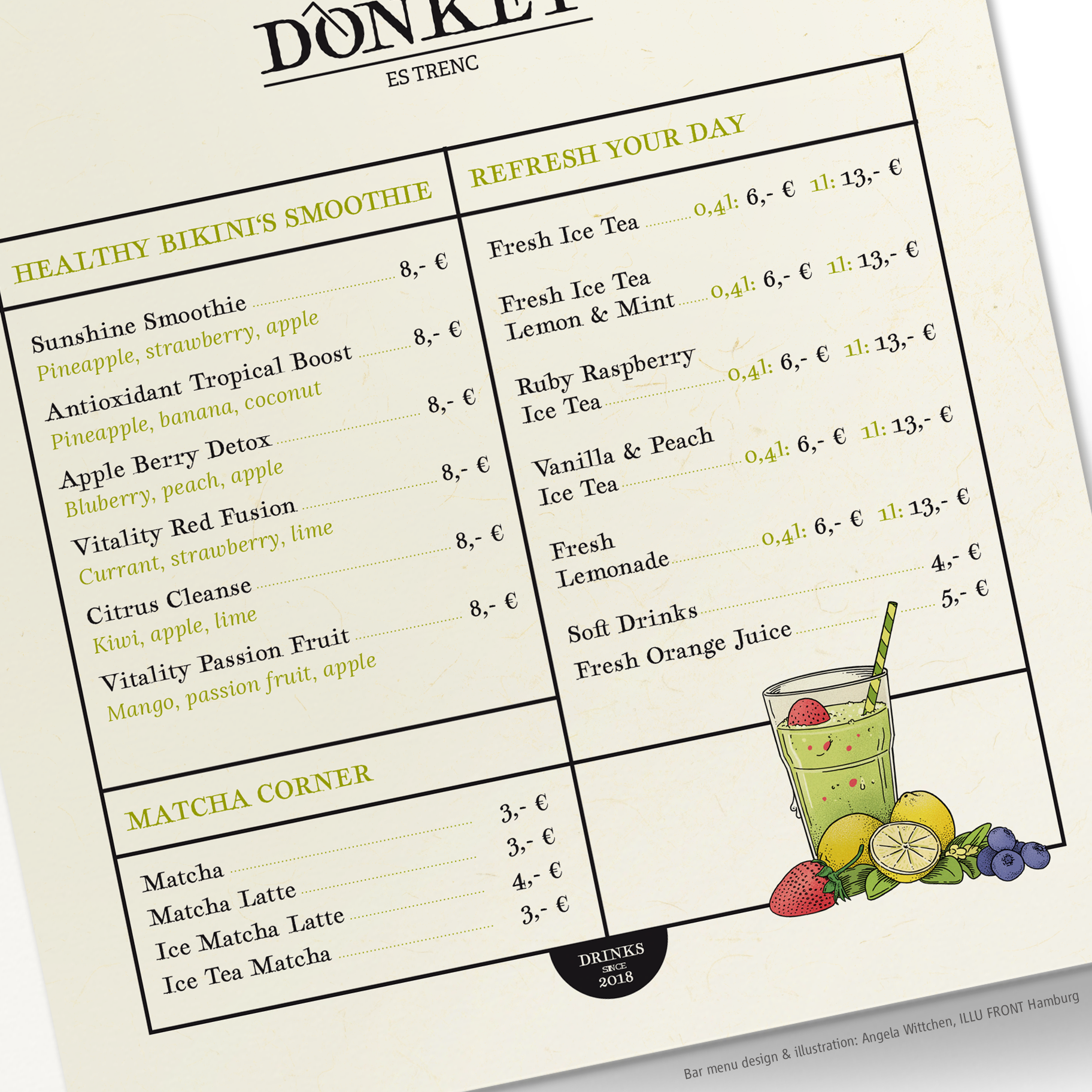 Bar menu and logo design for Donkey Bar, Bikini Island & Mountain Hotels, Port de Sollér and Es Trenc, Mallorca.