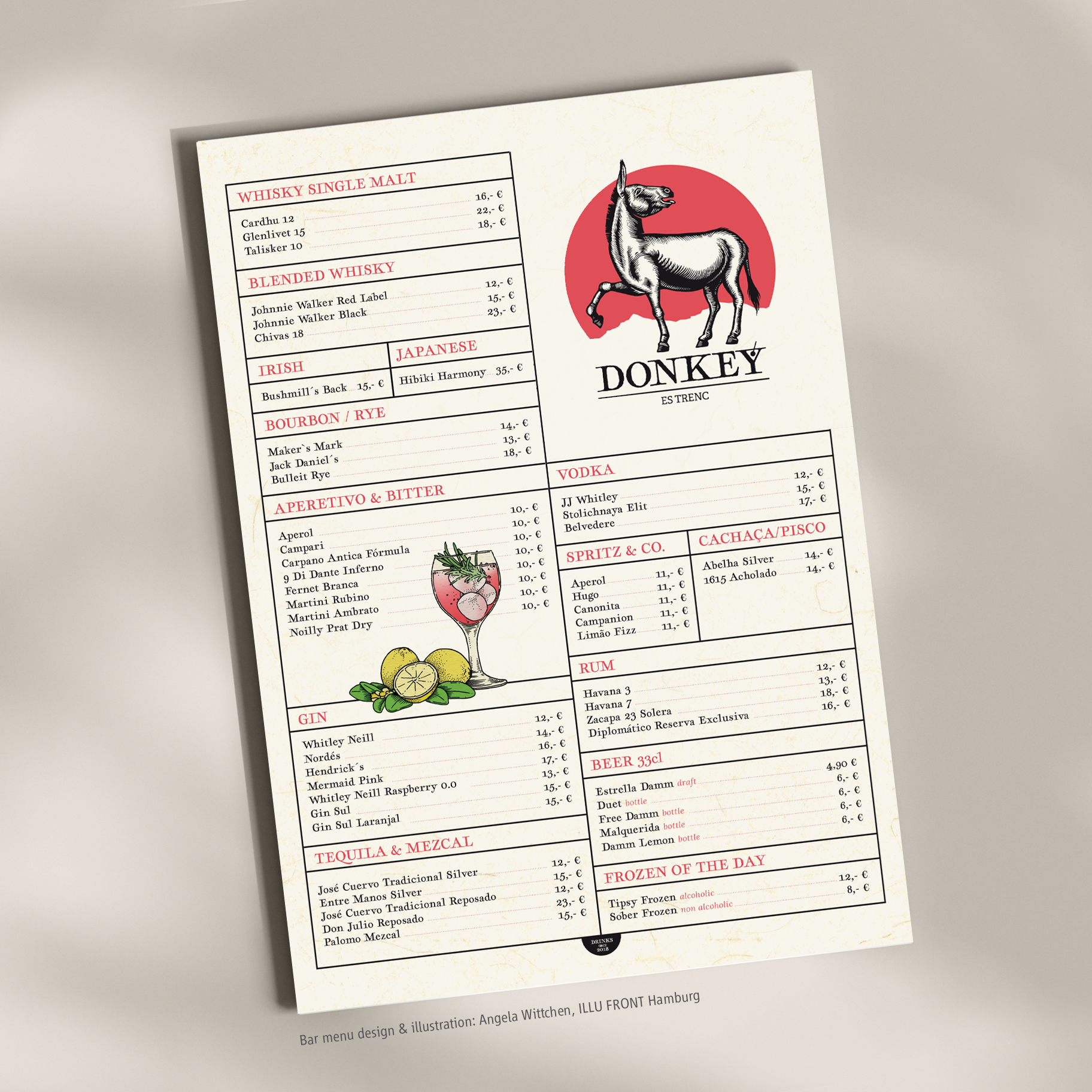 Bar menu and logo design for Donkey Bar, Bikini Island & Mountain Hotels, Port de Sollér and Es Trenc, Mallorca.