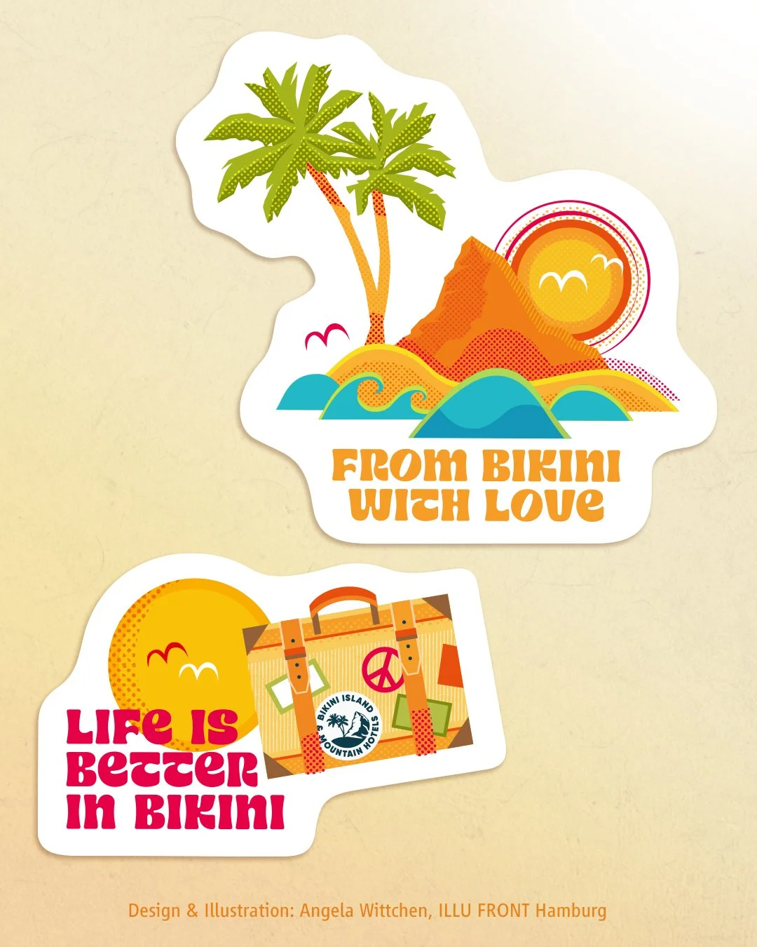  Detail von zwei Mechandise Stickern aus einer Stickersetreihe für die BIKINI Island &amp; Mountain Hotels auf Mallorca. Motive: Reisekoffer vor Sonnenuntergang und Insel mit Palmen im Sonnenuntergang vor tyrkisblauem Meer.   Illustration &amp; Desig