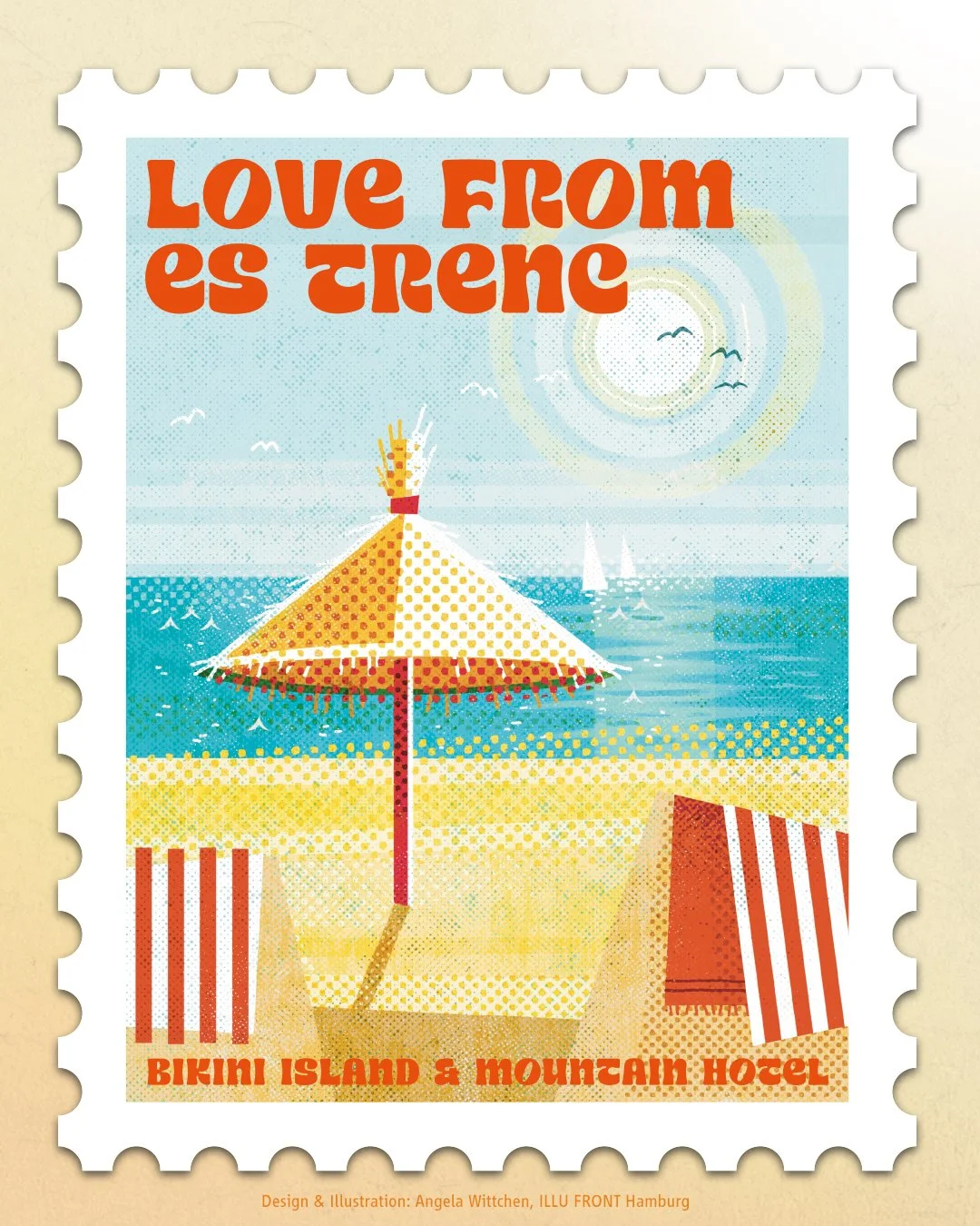  Detail eines Mechandise Stickers aus einer Stickersetreihe für die BIKINI Island &amp; Mountain Hotels auf Mallorca. Motiv: Strand unter heißer Sonne in Es Trenc, Mallorca.   Illustration &amp; Design: Angela Wittchen, ILLU FRONT Hamburg 