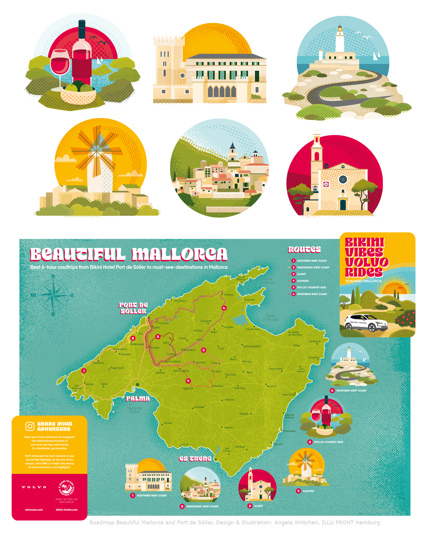  Roadmap / Landkarte von Mallorca. Die Gäste der Bikini Island &amp; Mountain Hotels können kostenfrei E-Autos von Volvo mieten, um mit ihnen die Insel zu erkunden. Die Roadmap im Pocketformat wird den Gästen als Andenken und Inspiration für lohnensw