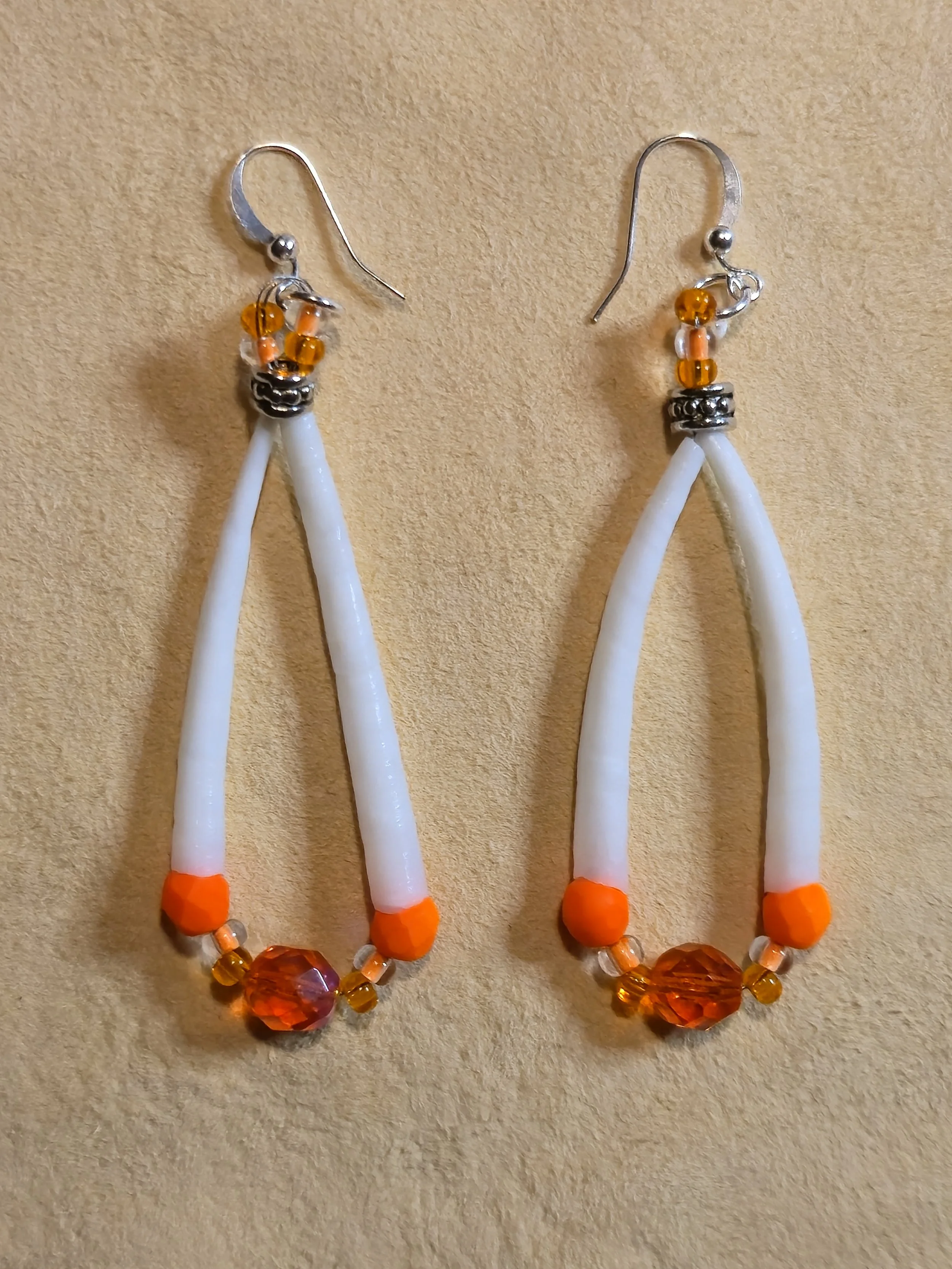 Dentalium Earrings: Neon Orange & Silver