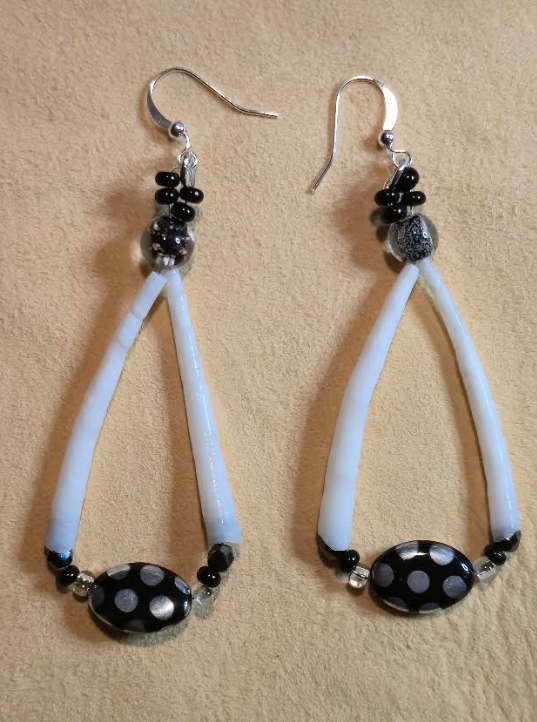 Dentalium Earrings: Black & Silver Polka Dots