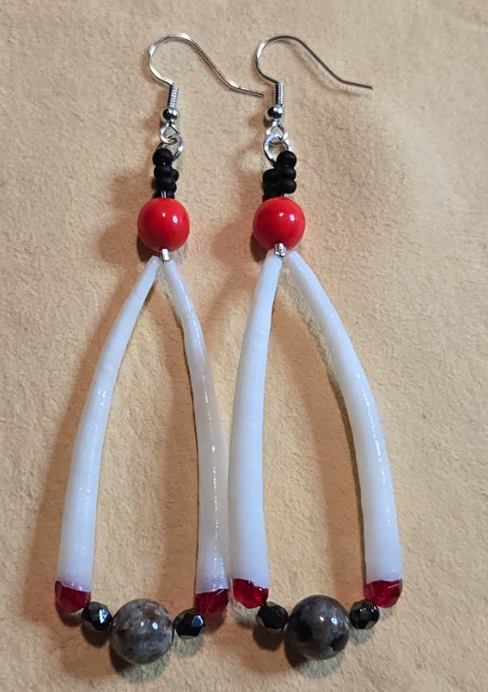 Dentalium Earrings: Bloodstone and Red Glass