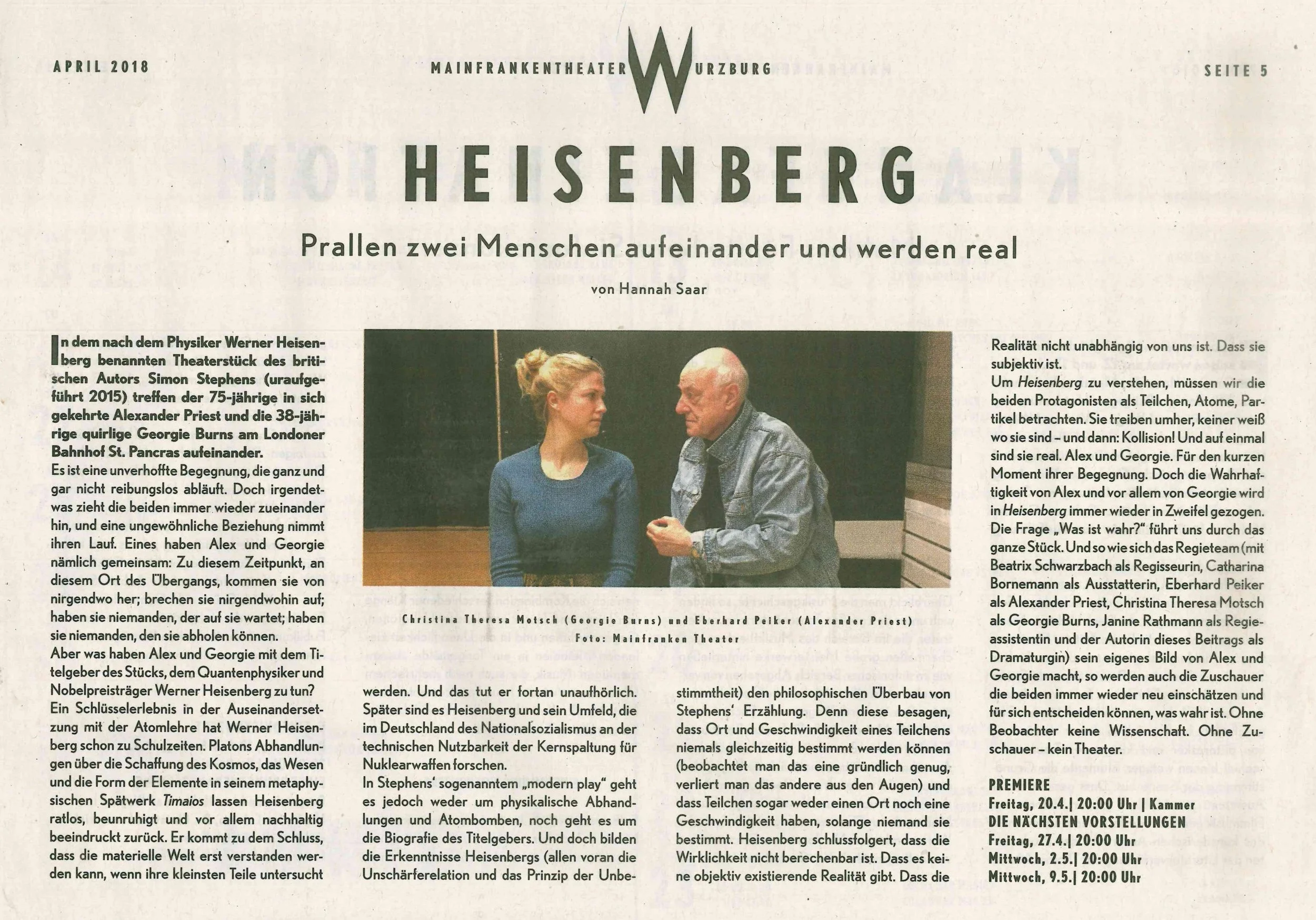 Ankündigungstext von Hannah Saar zu Heisenberg aus der Zeitschrift FOYER des Mainfranken Theaters, 04/2018