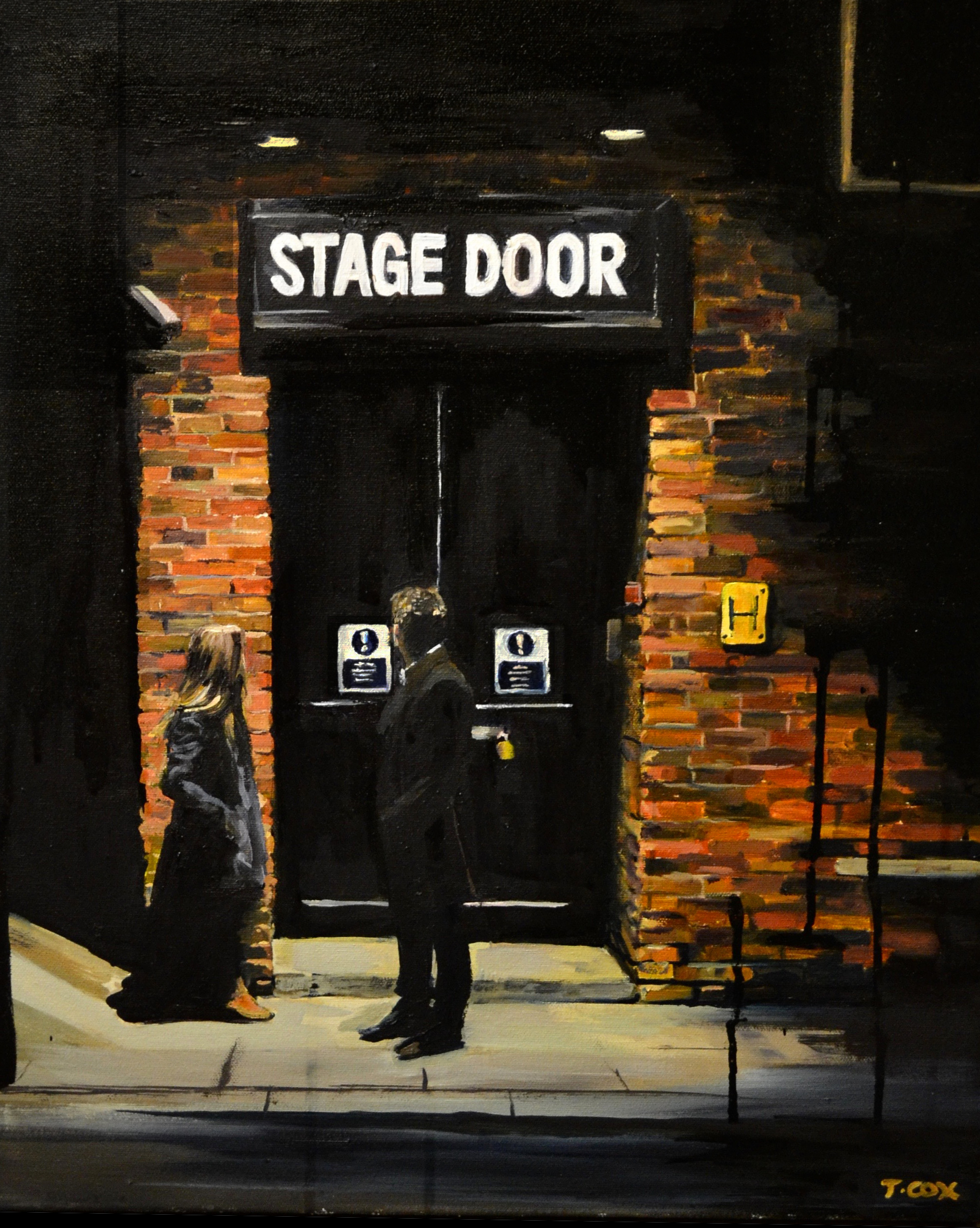 Stage Door, 2015. Ink and oil on canvas. Sold to private collectors in Seattle, USA.