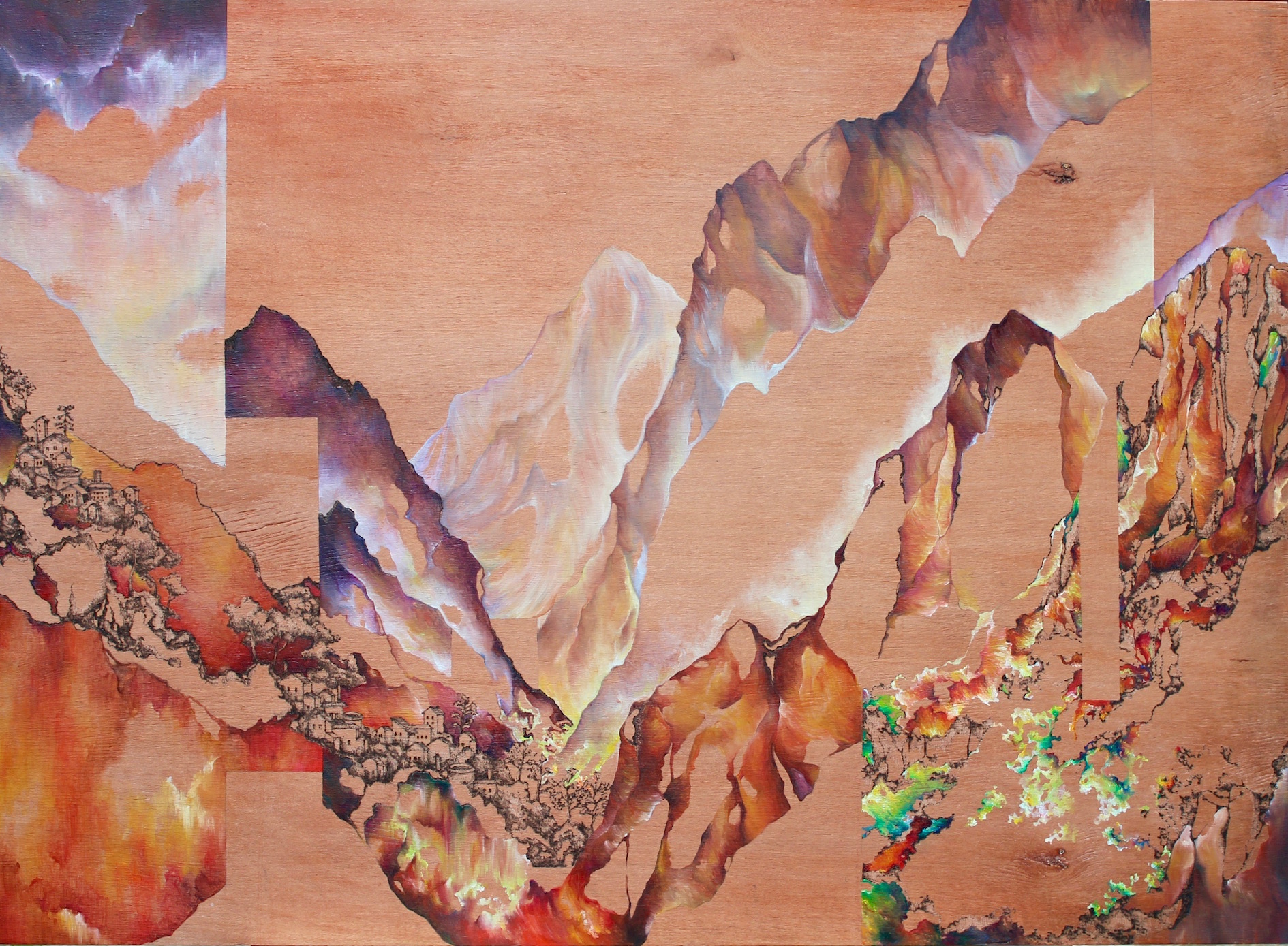 A Divided Fabrication, 2016. Oil and Pyrography on Wood, 85 x 60 cm