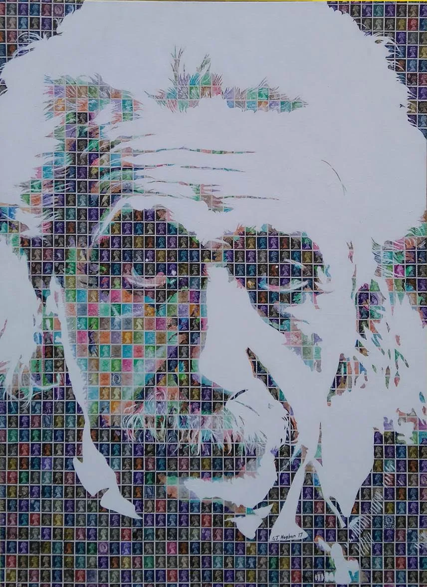 Einstein – 2017, Stamps and acrylics on canvas, 101 x 76cm - £2250.jpg
