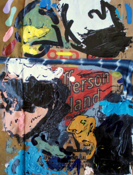 Jonni Cheatwood, “It Won’t Bring Elliott Smith Back” (2017), Oilstick, Acrylic and Enamel on Found Bag, 49x 37 cm (framed), £1200