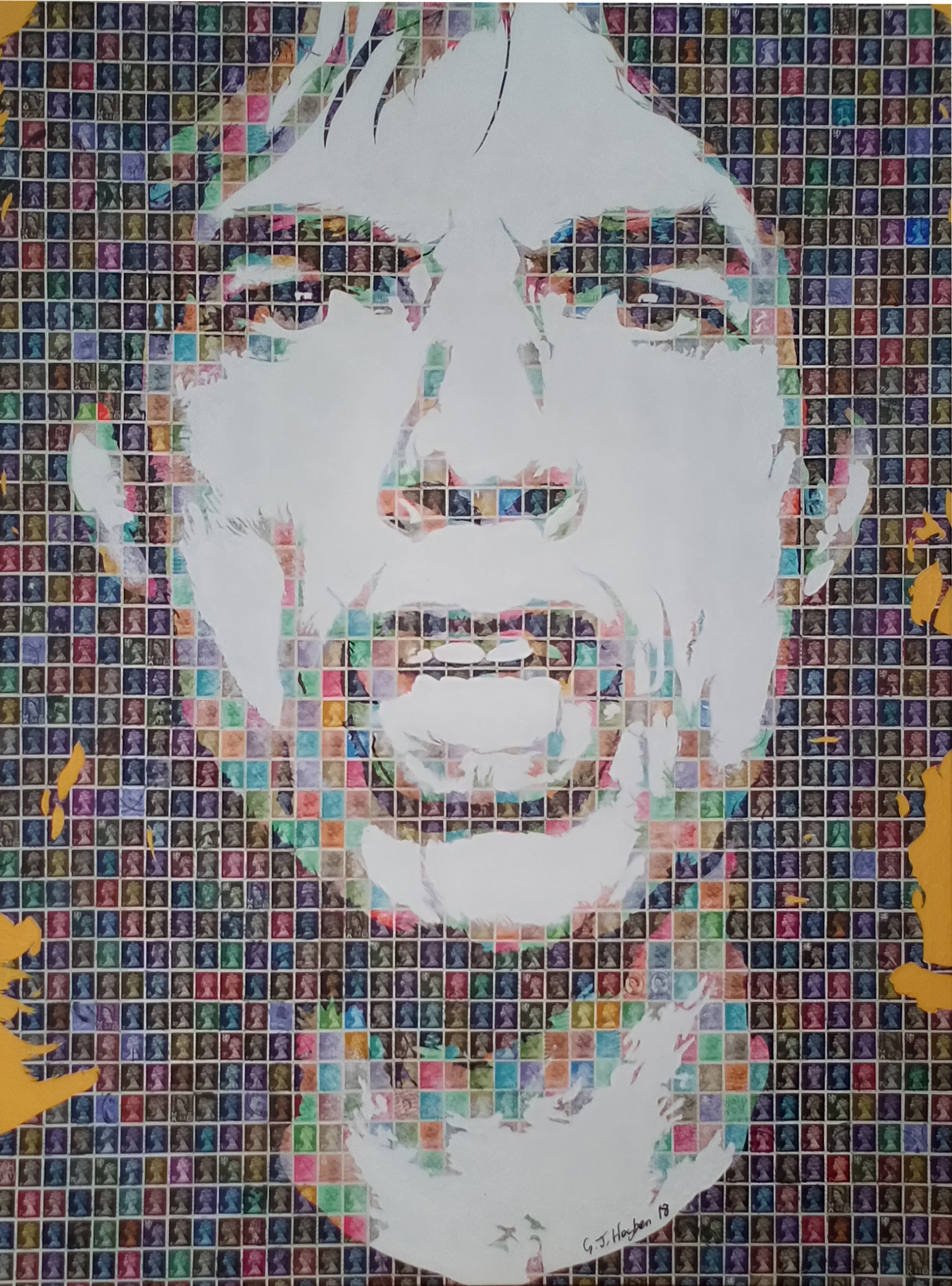 Mick Jagger, 2018 | Stamps and acrylics on canvas |. 76 x 102 cm |£3,000