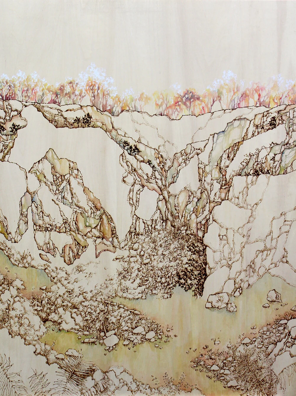 Abercwmeiddaw Quarry, 2019 | Pyrography and acrylic on wood | 60 x 90 cm