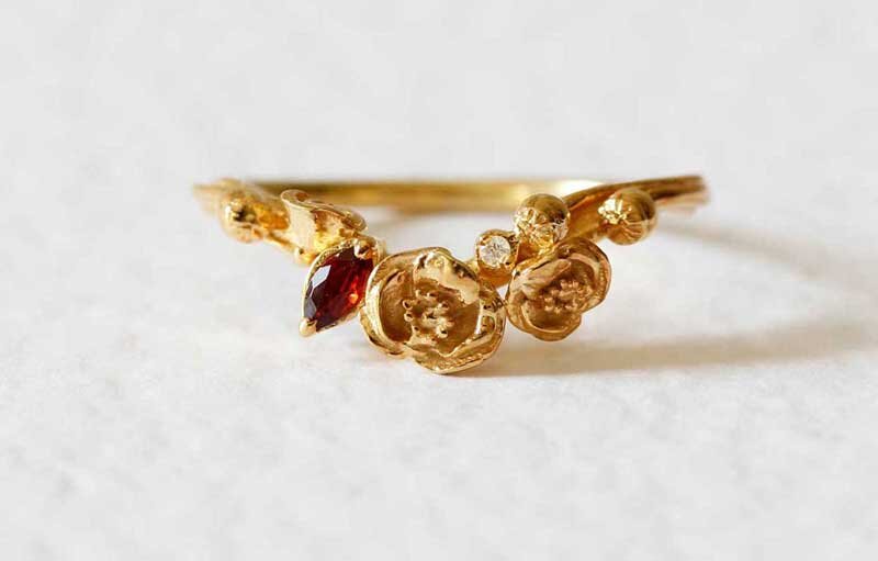 Gold Poppy Ring - Garnet and diamond, from £109