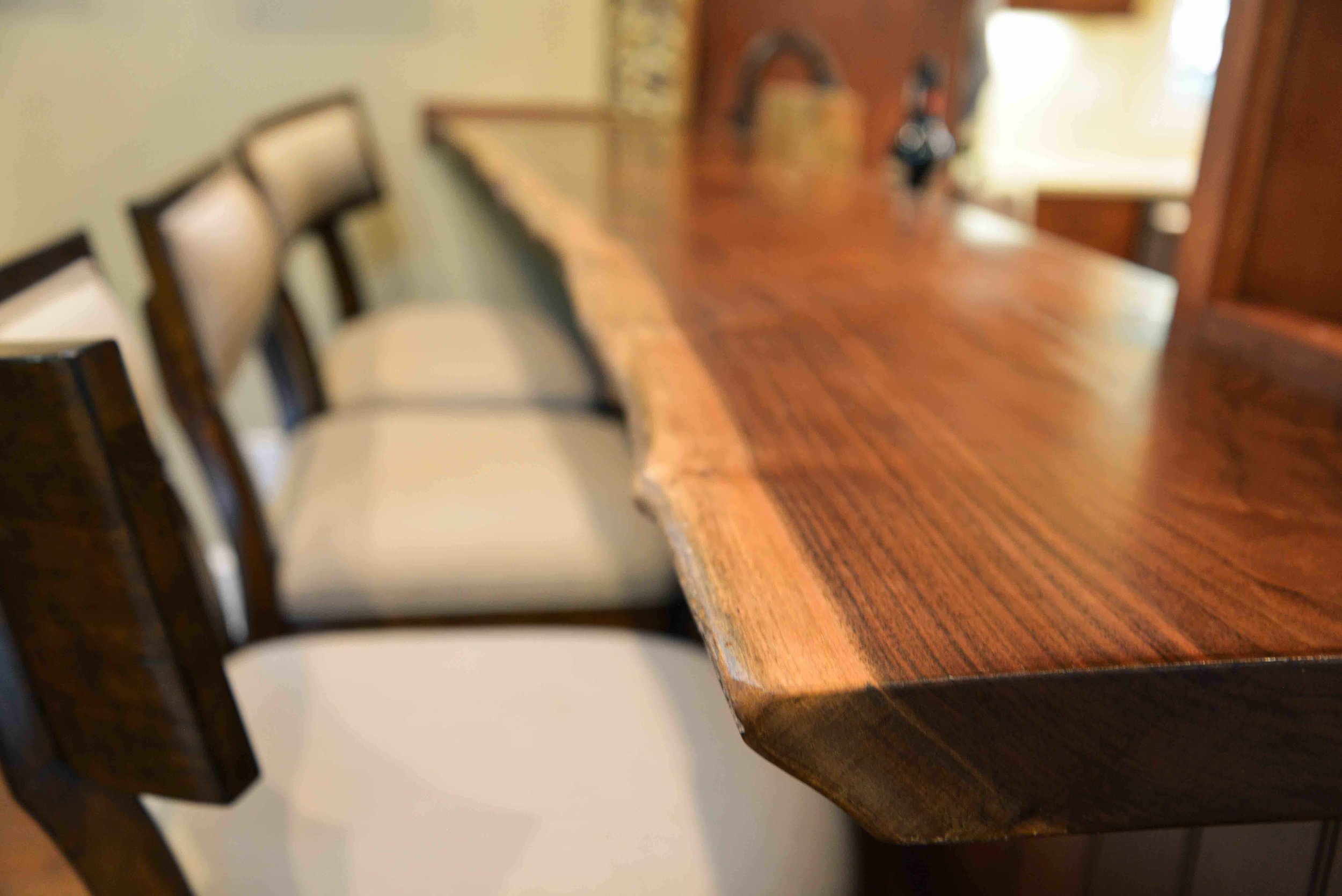 Large kitchen island design featuring live edge walnut bar top designed by NC Lake Norman interior designer, 180 Spaces.