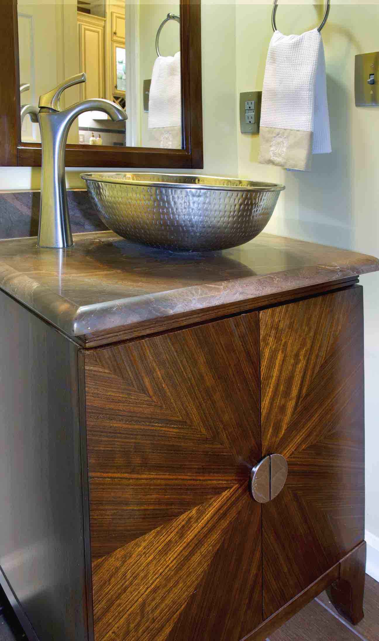 180 Spaces | Interior Design Turnarounds - Power Room remodel featuring hammered vessel sink 