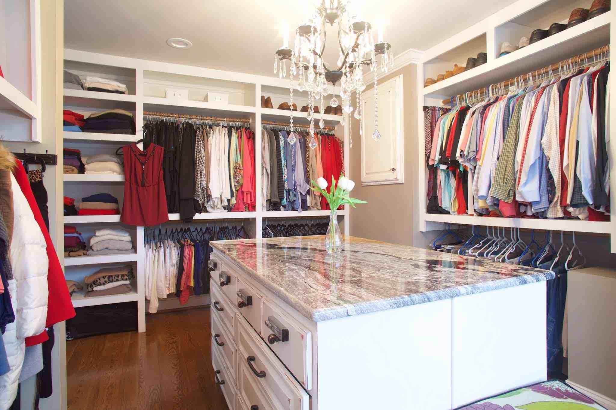 180 Spaces | Interior Design Turnarounds - Master Closet with custom island, keyed entry jewelry drawers & a sexy little black chandelier!
