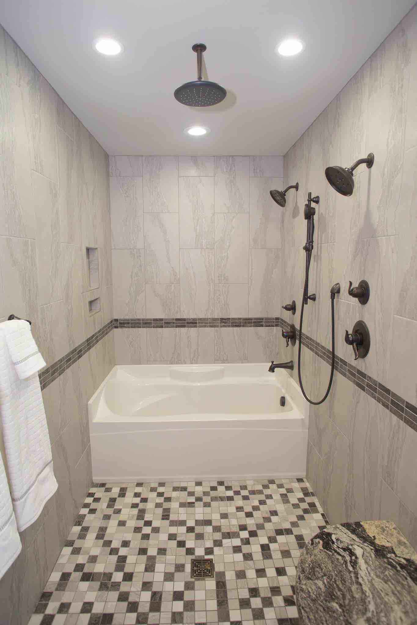 180 Spaces | Interior Design Turnarounds - Master Bath remodel featuring tub inside the doorless shower!  Great for doggy bath time!