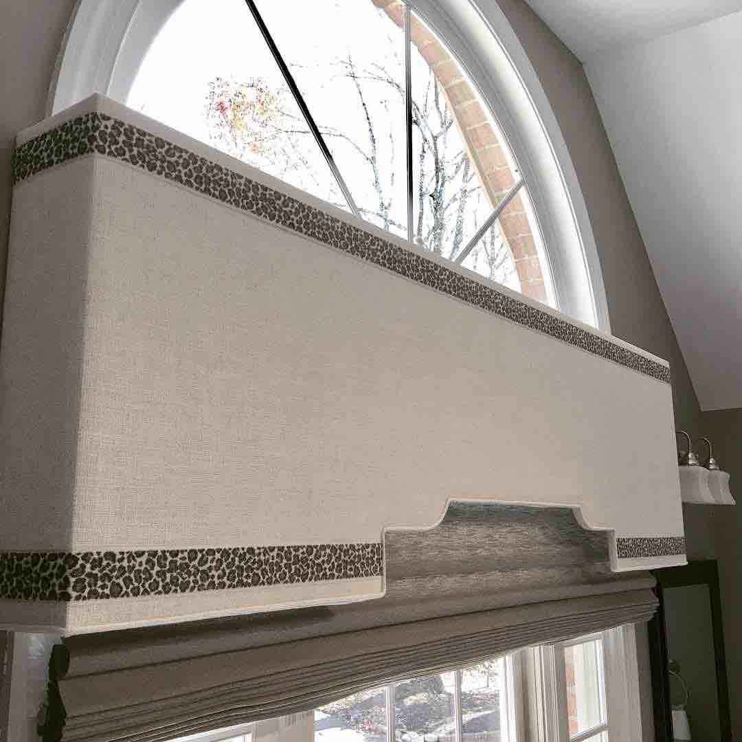 180 Spaces | Interior Design Turnarounds - Custom Cornice with hand sewn tap trim with Silhouette roman shades by @HunterDouglas