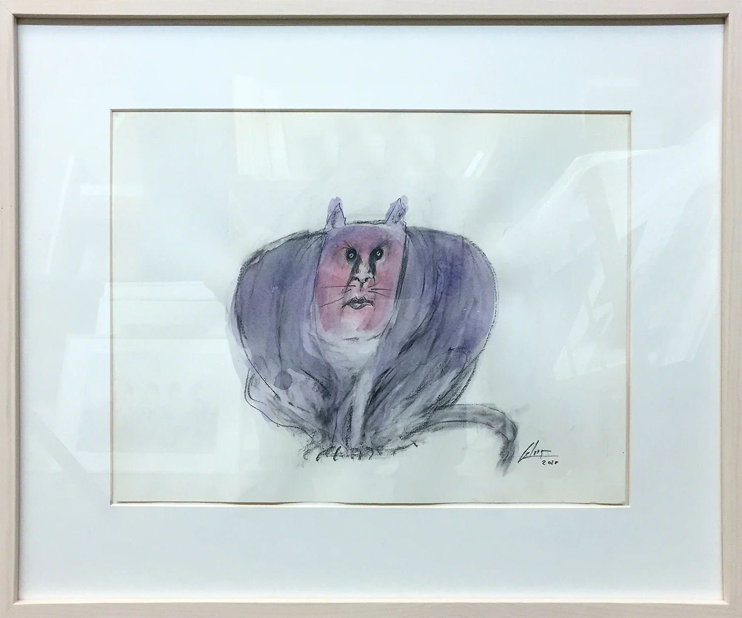 Katze 2, 2010, Mischtechnik auf Papier, 40 x 30 cm, Holzrahmen, Rahmenmass 57 x 47 cm