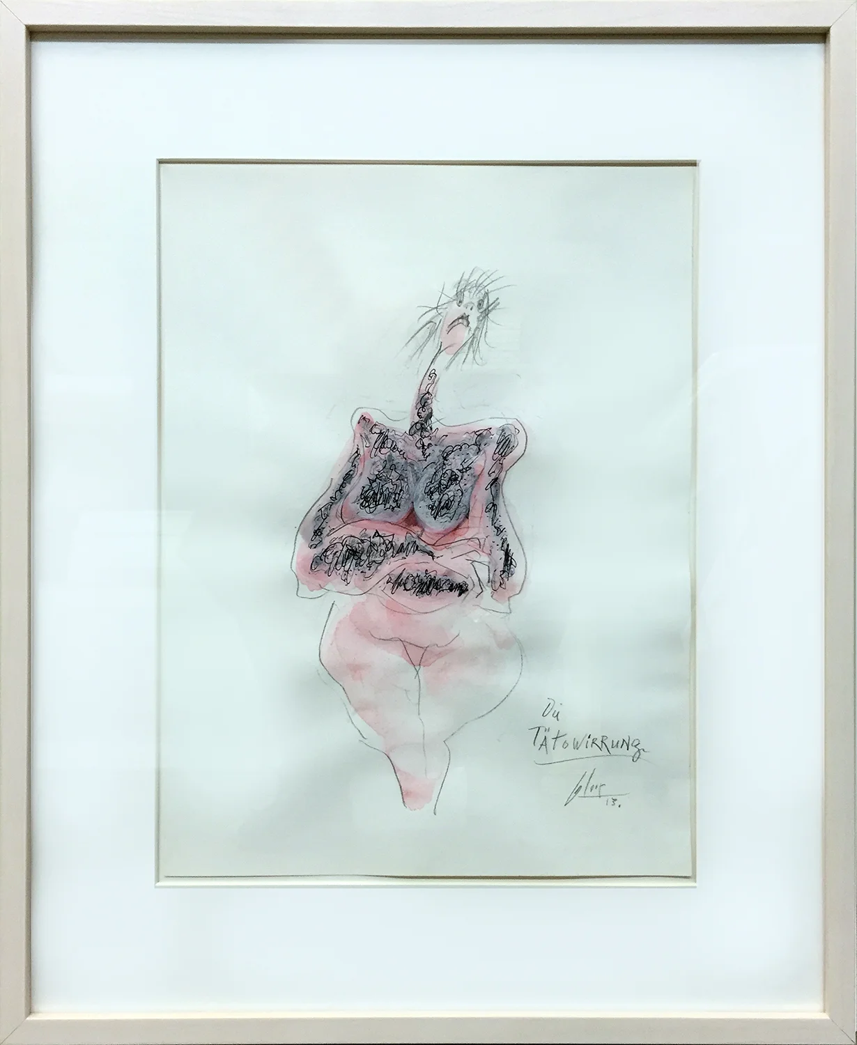 Tätowirrung, 2013, Mischtechnik auf Büttenpapier, 30 x 40 cm, Holzrahmen, Rahmenmass 48 x 58 cm