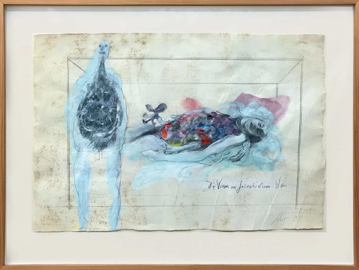 Venus, 1998, Mischtechnik auf antiker Bütte, 50 x 34 cm, Holzrahmen, Rahmenmass 62 x 46 cm