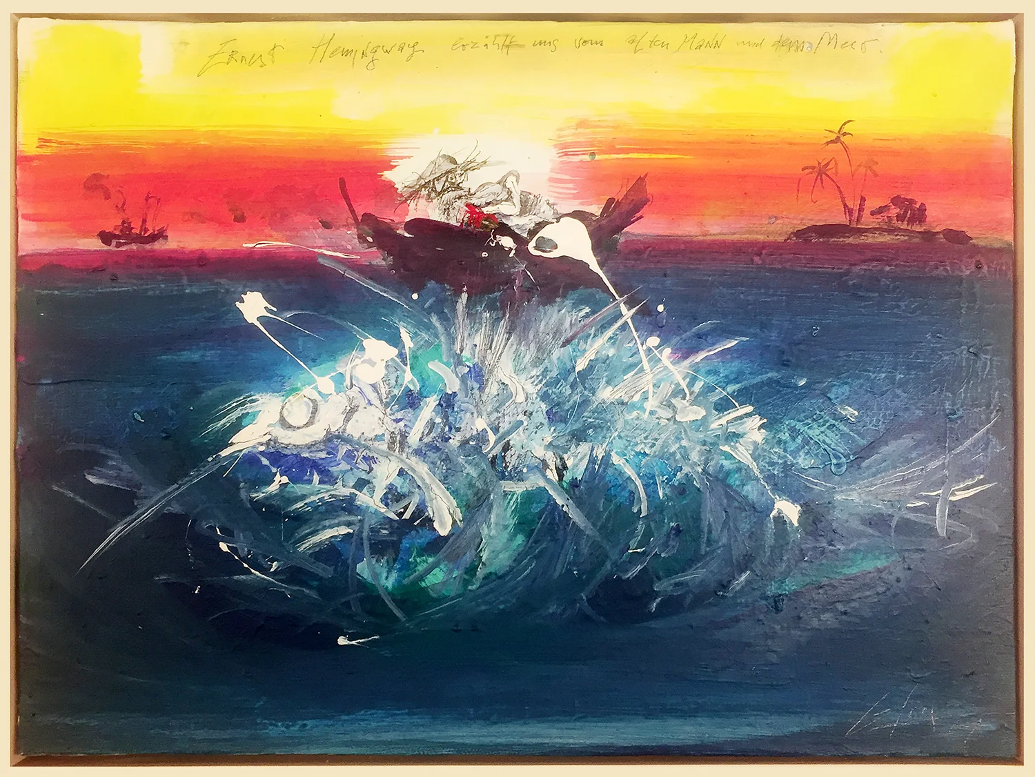 E. Hemingway, der alte Mann und das Meer, 2001, Acryl auf Leinwand, 35 x 25 cm, Schattenfugenrahmen Holz
