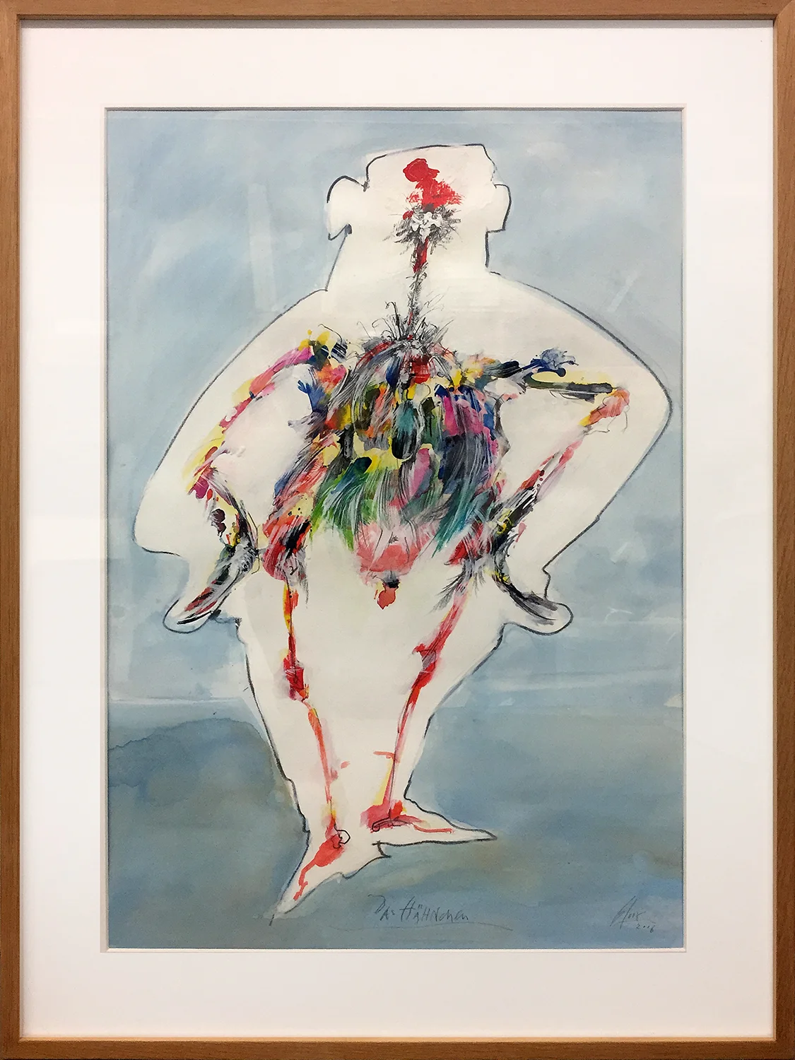 Das Hähnchen, 2006, Mischtechnik auf Büttenpapier, ca. 38 x 54, Holzrahmen, Rahmenmass ca. 50 x 74 cm