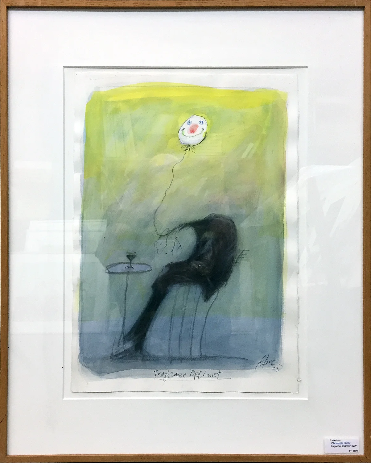 Tragischer Optimist, 2009, Mischtechnik auf Büttenpapier, ca. 30 x 45, Holzrahmen, Rahmenmass ca. 50 x 74 cm