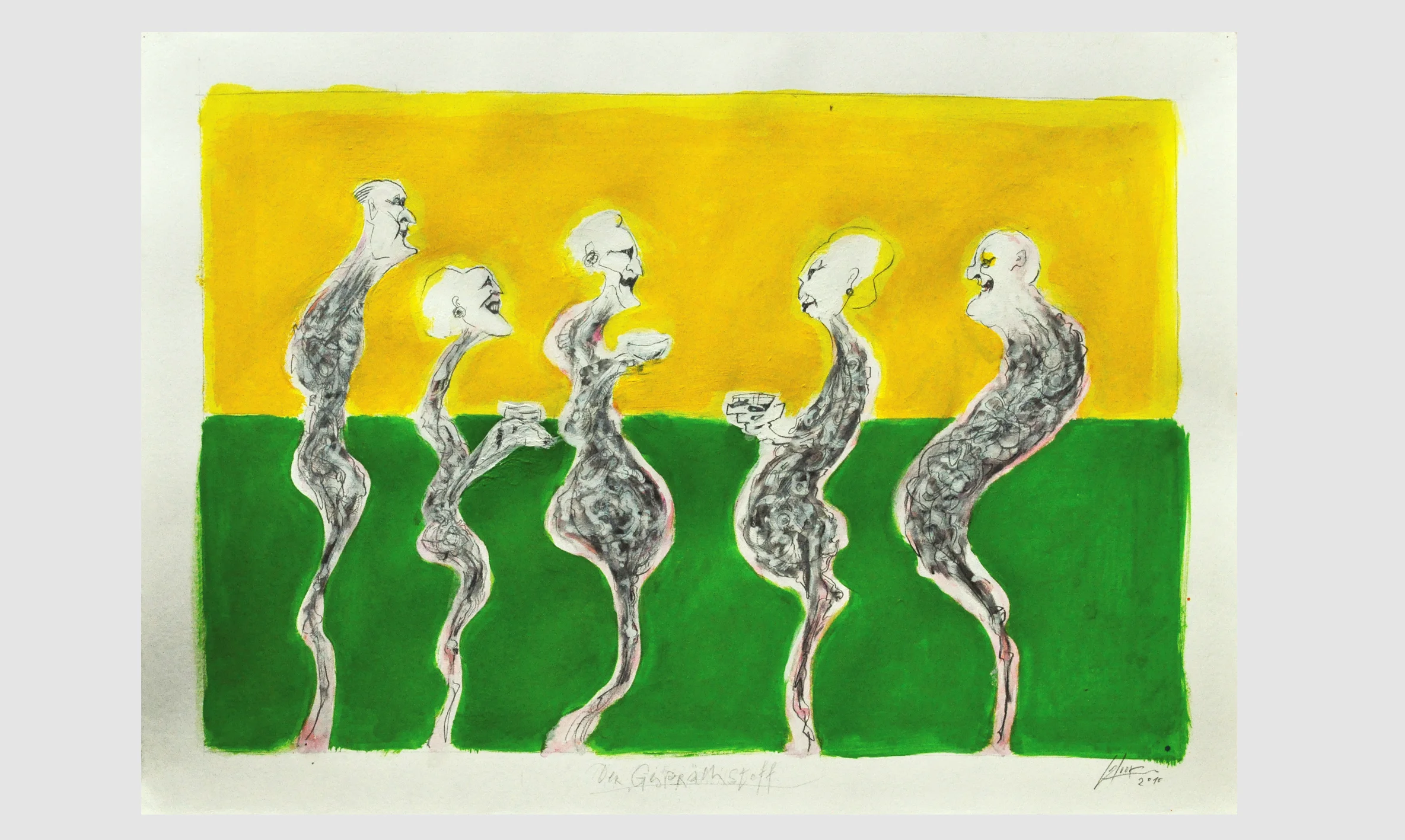 Der Gesprächsstoff, 2010, Mischtechnik auf Büttenpapier, ca. 70 x 50, Holzrahmen, Rahmenmass ca. 100 x 70 cm
