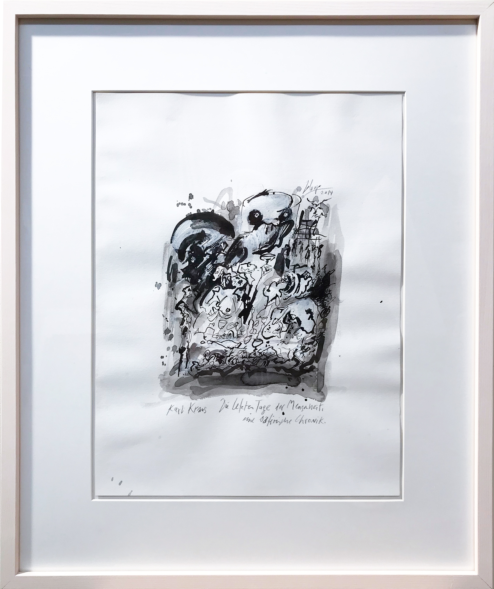 Karl Kraus, die letzten Tage der Menschheit, 2014, Mischtechnik auf Zeichenpapier, 30 x 40 cm, Holzrahmen, Rahmenmass 48 x 57 cm