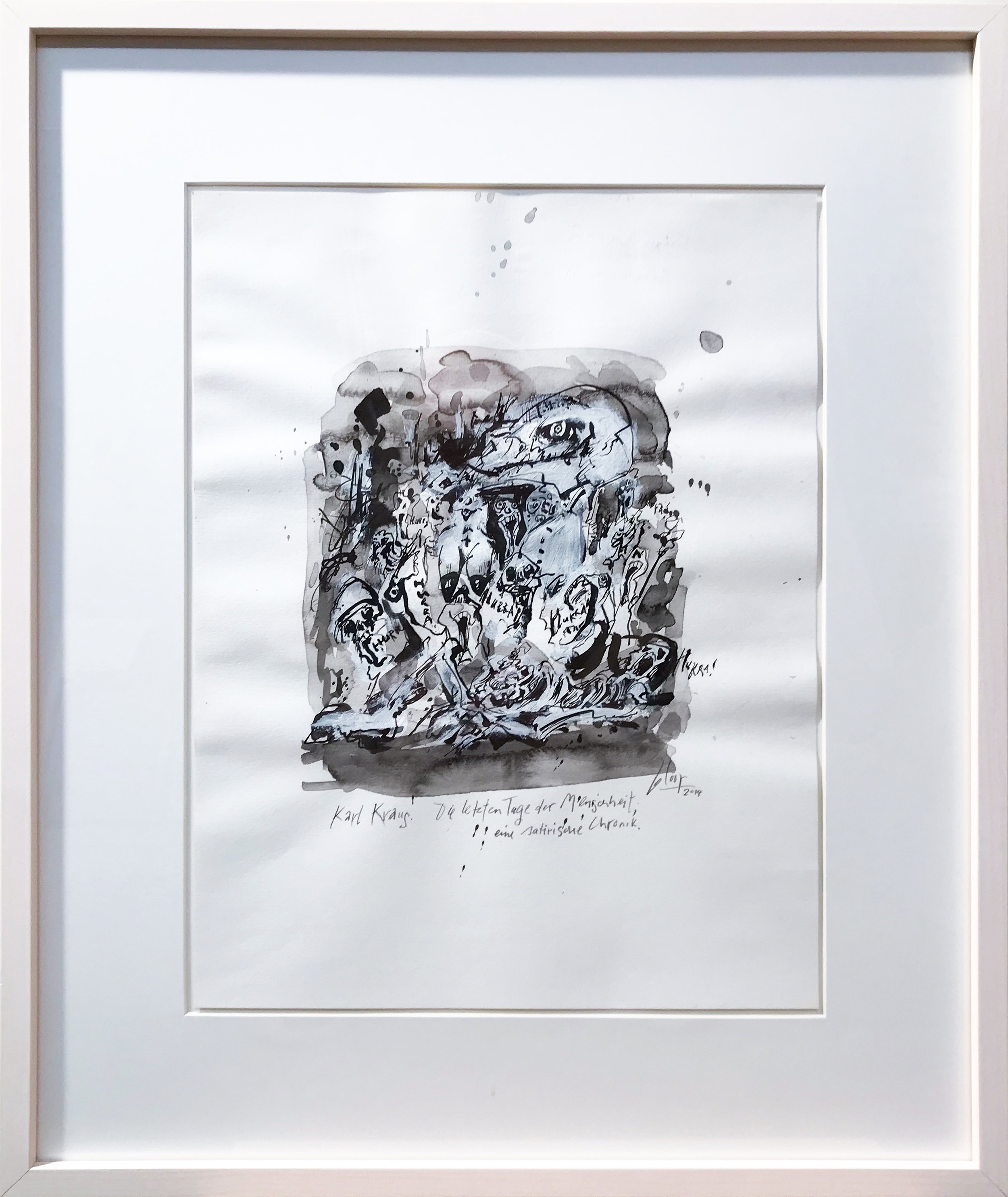 Karl Kraus, die letzten Tage der Menschheit, 2014, Mischtechnik auf Zeichenpapier, 30 x 40 cm, Holzrahmen, Rahmenmass 48 x 57 cm