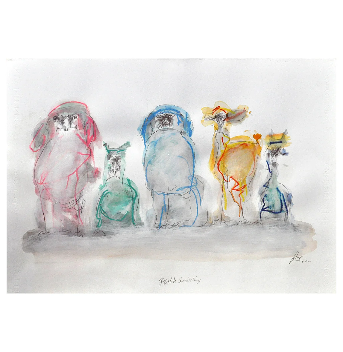 Geliebte Schützlinge, 2014, Mischtechnik auf Zeichenpapier, 70 x 50 cm, ohne Rahmen